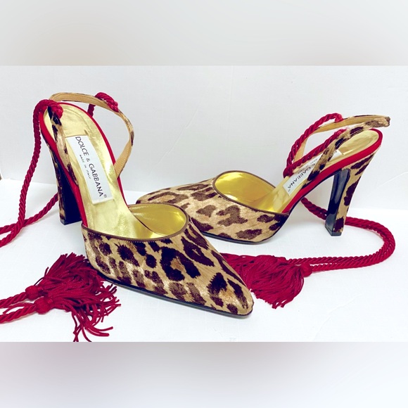 DOLCE & GABBANA Leopard Shoe Panne’ Velvet Red Silk Tassels Heel 39 New in Box - Picture 2 of 9